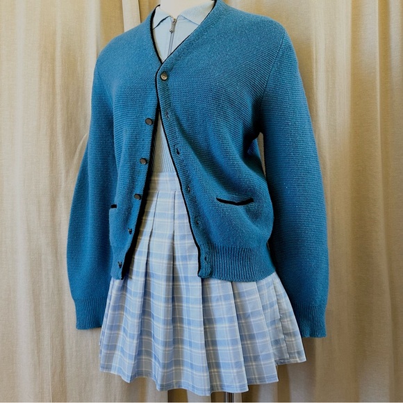 Blue Knit Cardigan – 60s Varsity Style with Pockets & Black Piping - Picture 1 of 5